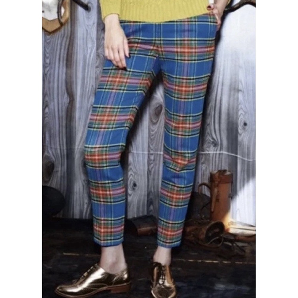 Boden Women's US 12 Tartan Plaid Ankle Petite Pants Blue Mix Wool With Pockets